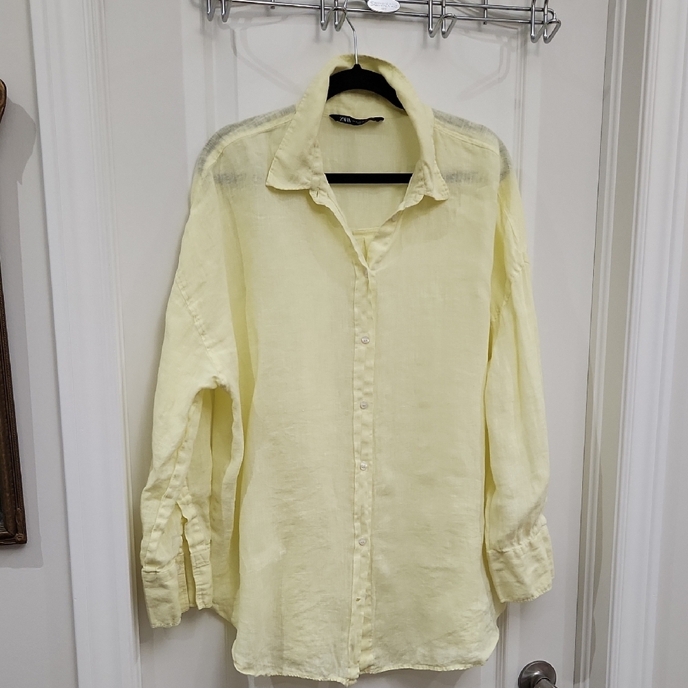 XL Zara Pale Yellow Collared Linen Shirt